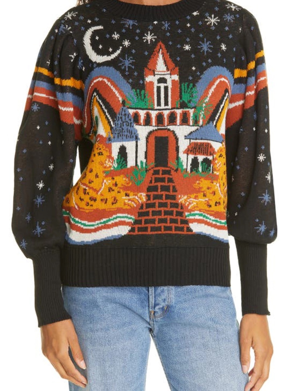 Farm Rio Midnight Cheetah Crewneck Black Sweater Size M